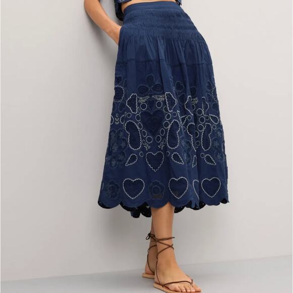 SEA Blue Eyelet Full Midi Skirt SIZE 4 Embroidered Prairie Western Designer $485 - Picture 3 of 13